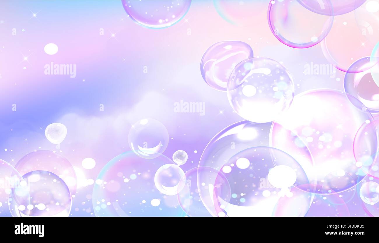 Regenbogen-Seifenblasen, die auf lila Farbverlaufshintergrund schweben. Vektorrealistische Illustration von funkelndem Schaum und Wasser Kugeln mit irisierenden Reflexionen, verträumter Pastellhintergrund für magisches Spaßdesign Stock Vektor