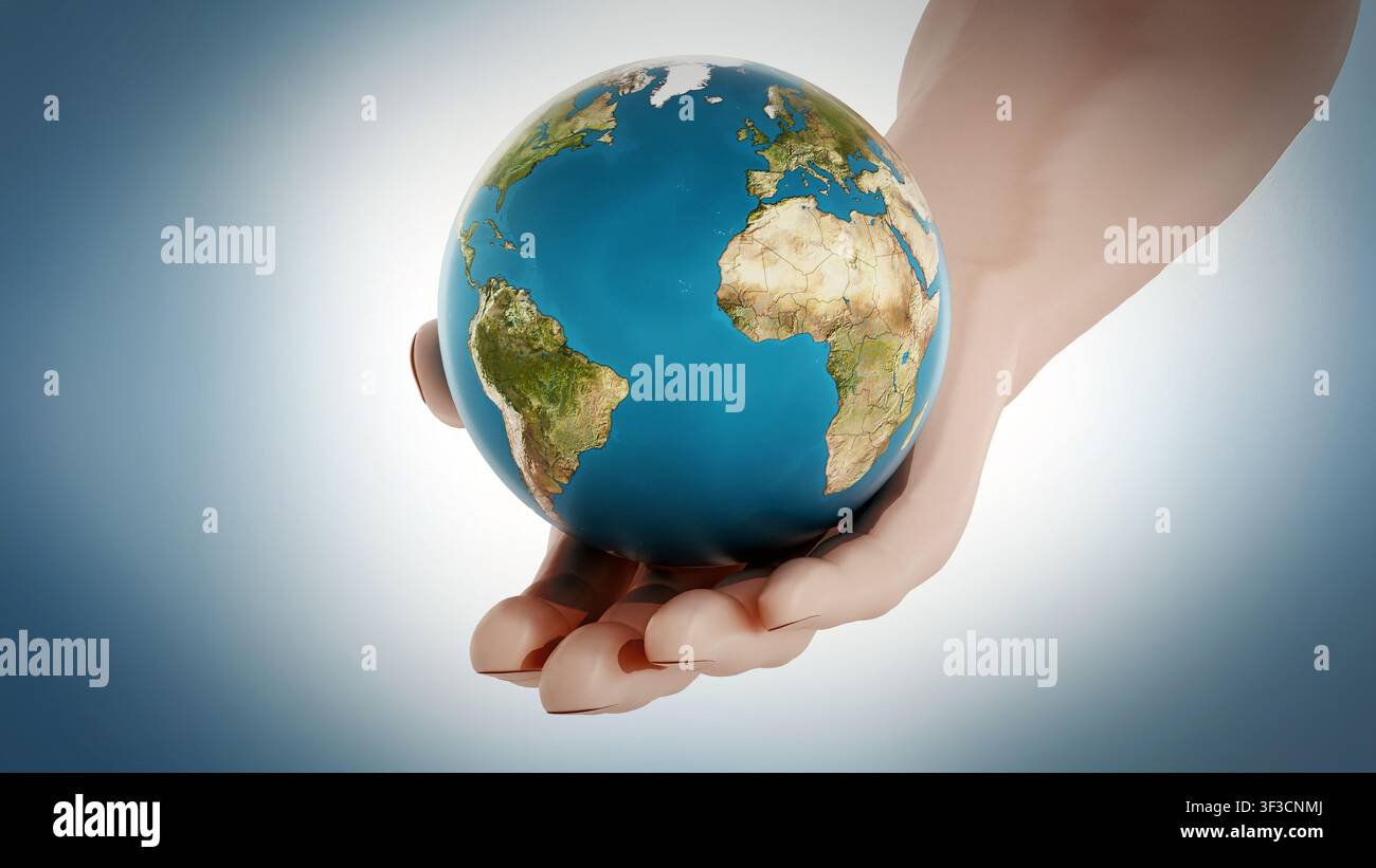 Erde in der Hand, die Nord- und Südamerika zeigt. 3D-Illustration Stockfoto