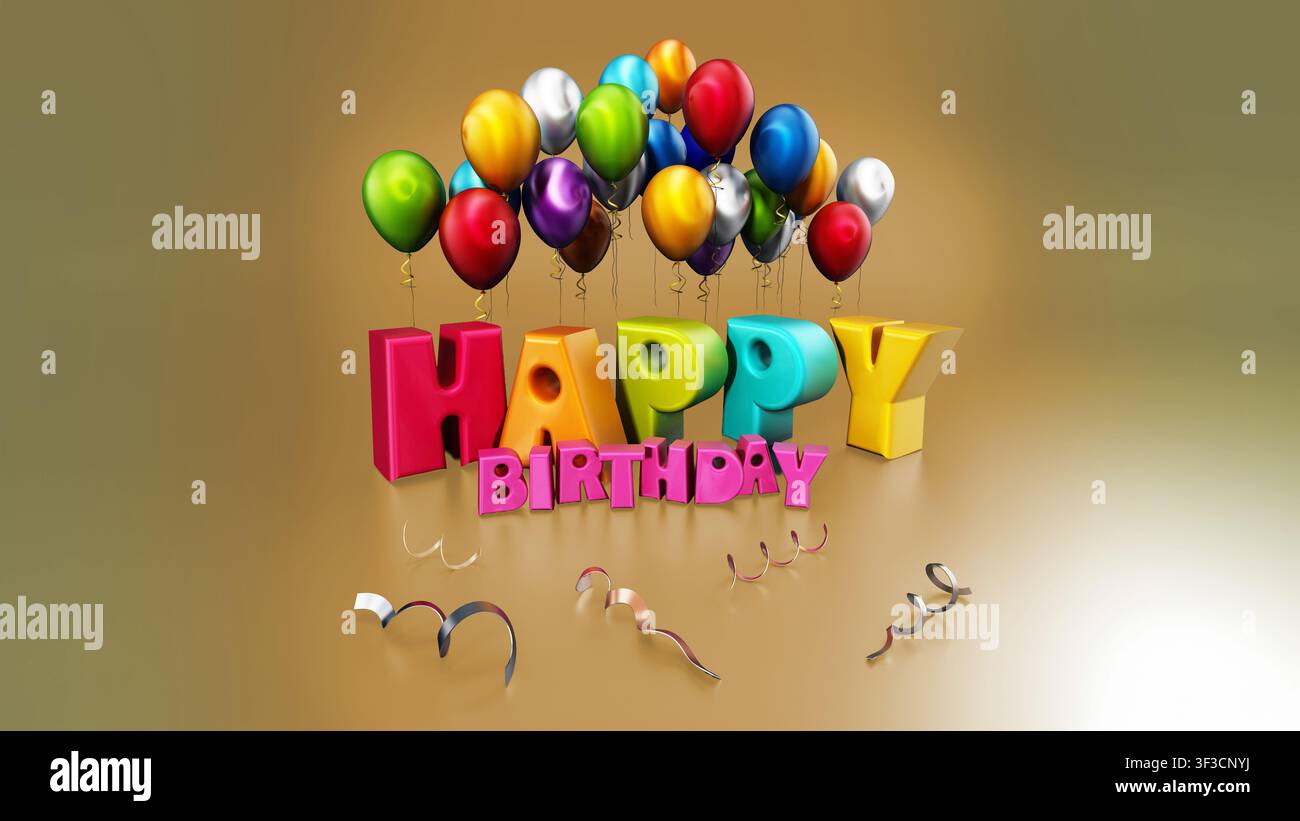 Herzlichen Glückwunsch zum Geburtstag und Partyballons. 3D Abbildung Stockfoto