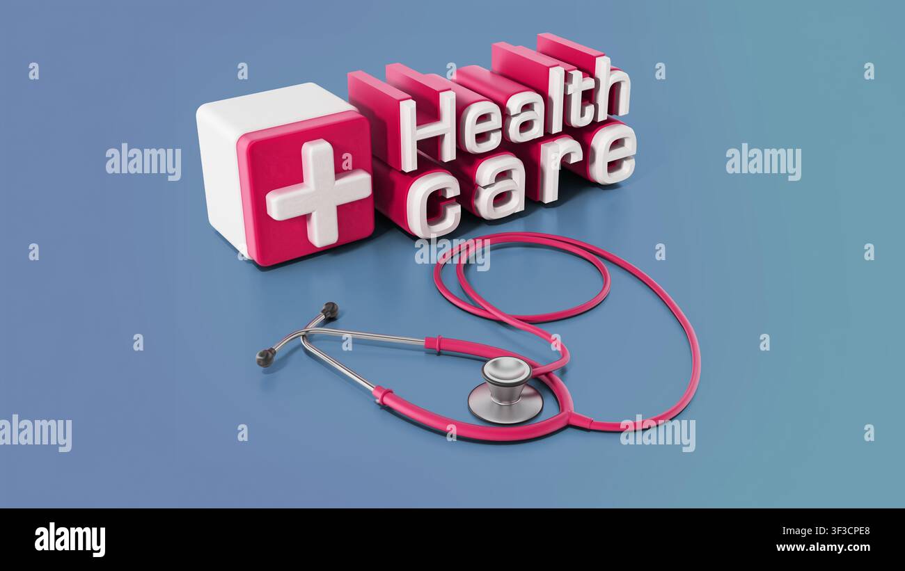 Gesundheitstext und Stethoskop isoliert auf blauem Hintergrund. 3D-Illustration Stockfoto