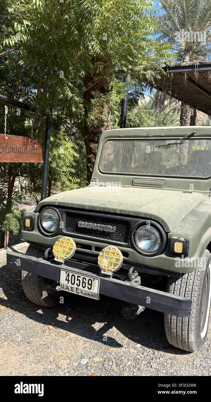 Vintage-Geländewagen, der in einem grünen Außengarten in den Vereinigten Arabischen Emiraten geparkt ist - Smartphone-aufgenommenes Stockfoto