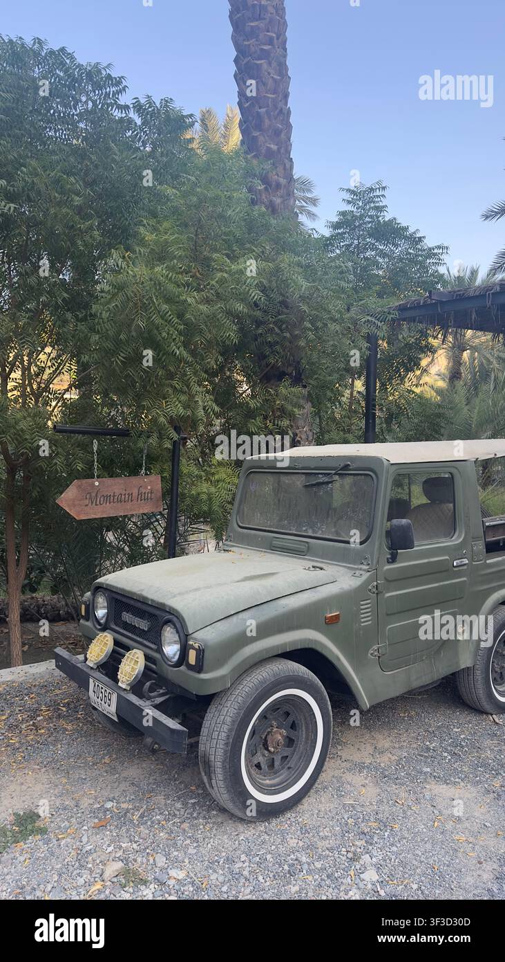 Vintage-Geländewagen, der in einem grünen Außengarten in den Vereinigten Arabischen Emiraten geparkt ist - Smartphone-aufgenommenes Stockfoto