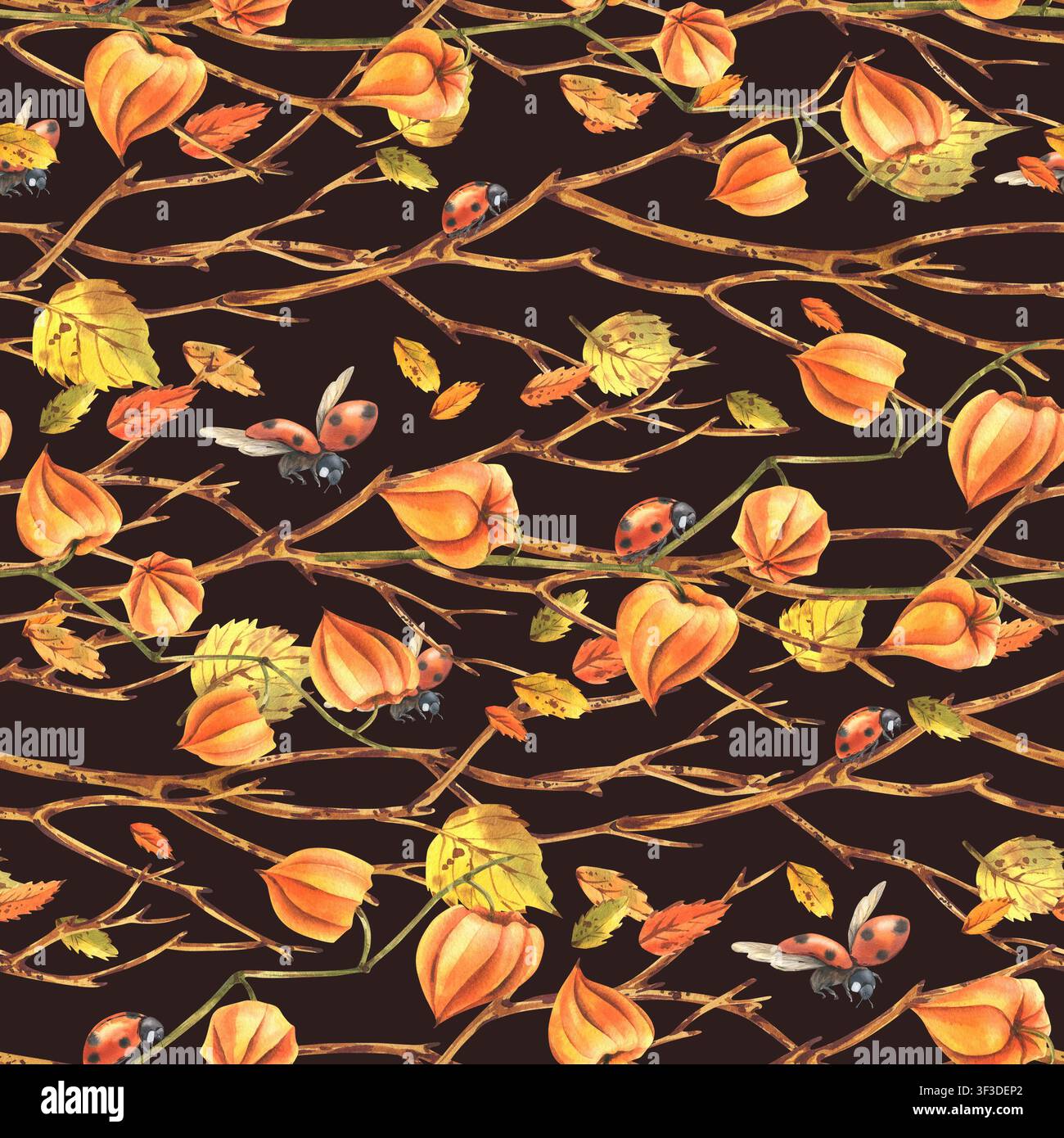 Nahtloses Muster mit handgezeichnetem Aquarellzweig von Physalis, Zweig und Marienkäfer. Herbstbotanische Illustration für Verpackungspapier, Textildesign und Stockfoto