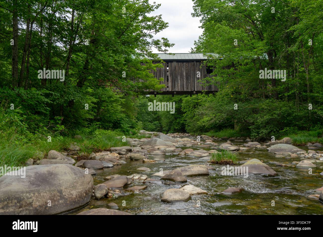 Die historische Grist Mill Covered Bridge, die im Sommer über den Brewster River in Cambridge, Vermont, USA führt Stockfoto