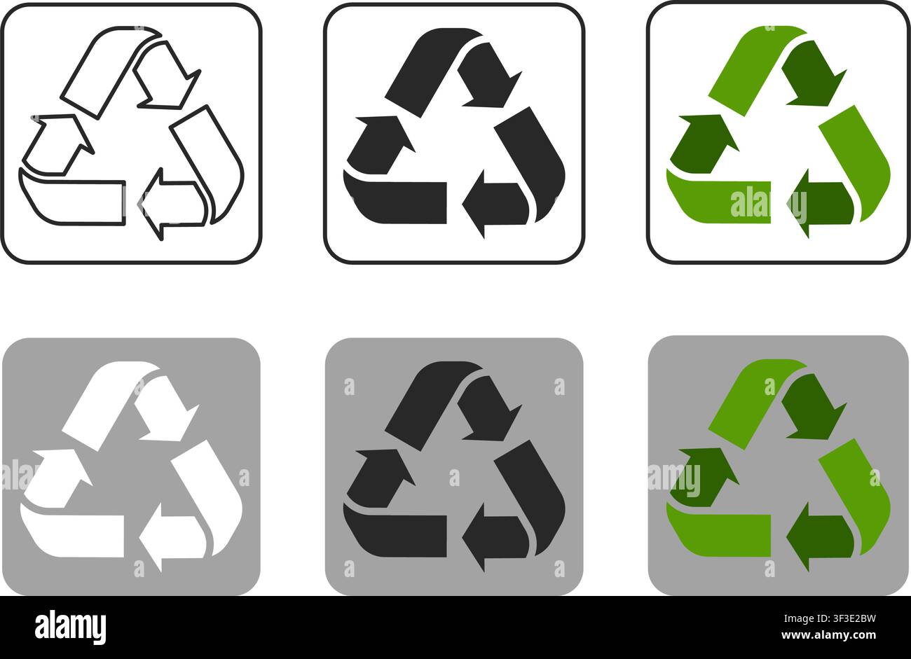 Eine Sammlung von sechs Recycling-Symbolen mit dem klassischen Möbiusschleifen-Muster in Umriss-, Vollschwarz- und Grünstilen auf weißem und grauem Hintergrund. Stock Vektor