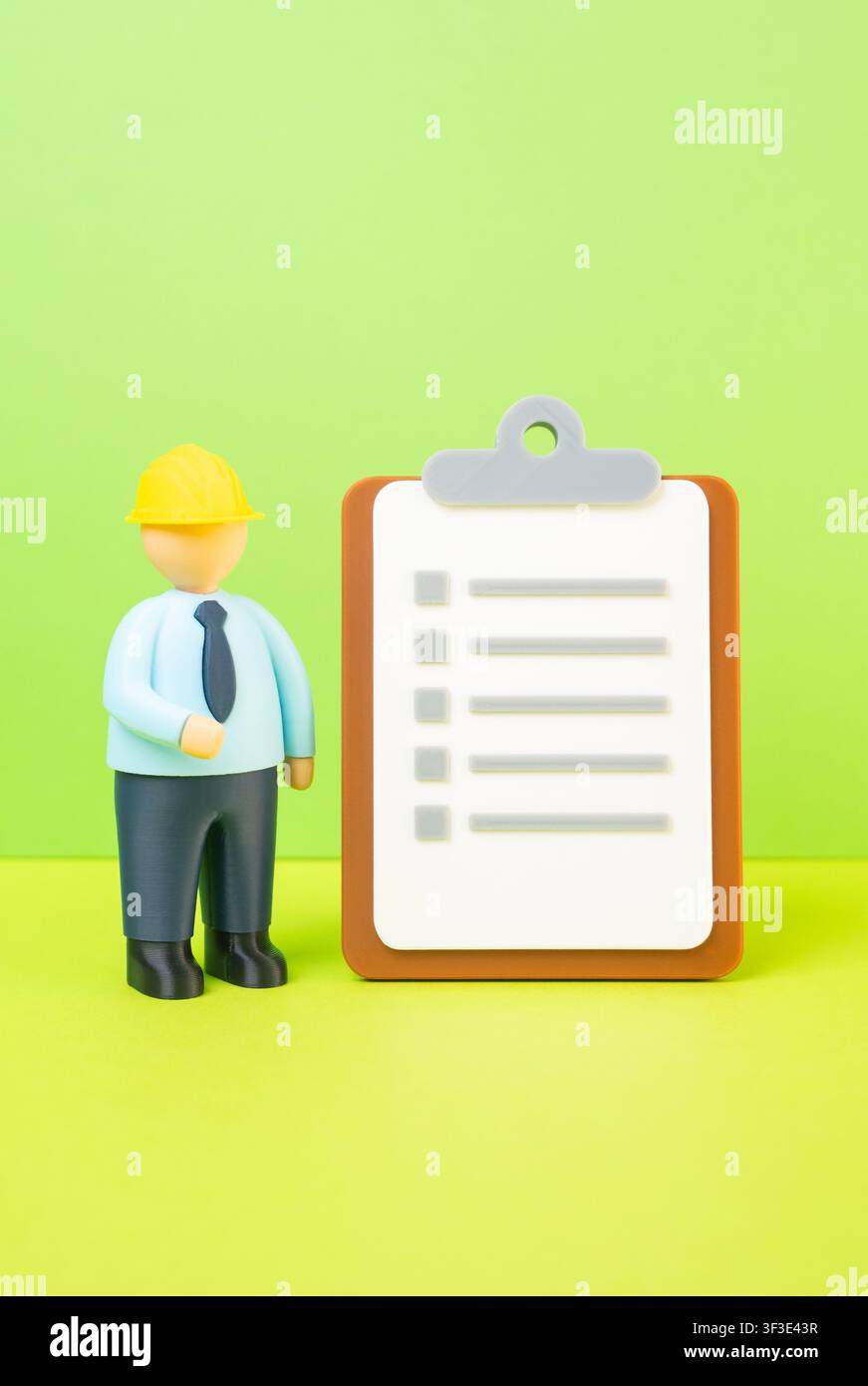Ein Ingenieur und ein Papier-Ordner. Ein Sicherheitsbeamter. Audit und Revision. Sicherheitsinspektionen und Vorschriften. Stockfoto