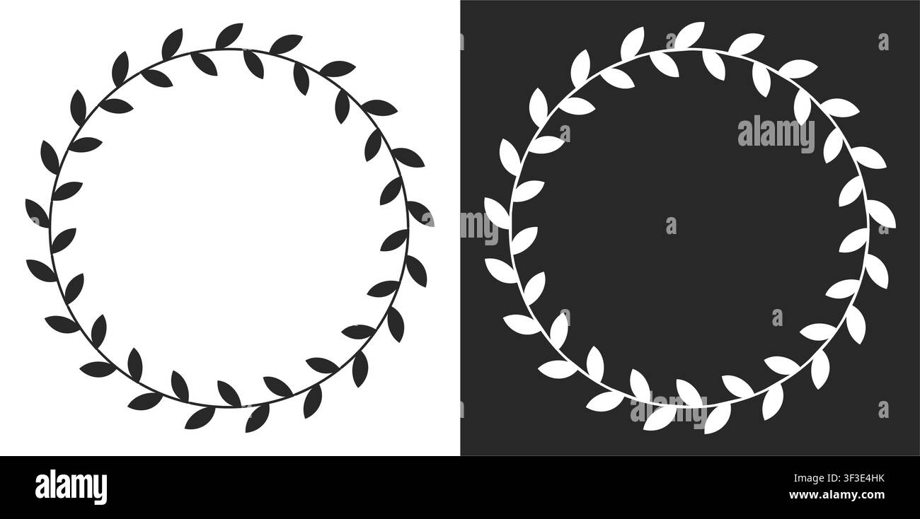 Minimalistische schwarz-weiße Lorbeerkranz-Illustration mit einem eleganten kreisförmigen Astmuster und zarten Blättern, perfekt für elegante Designs. Stock Vektor