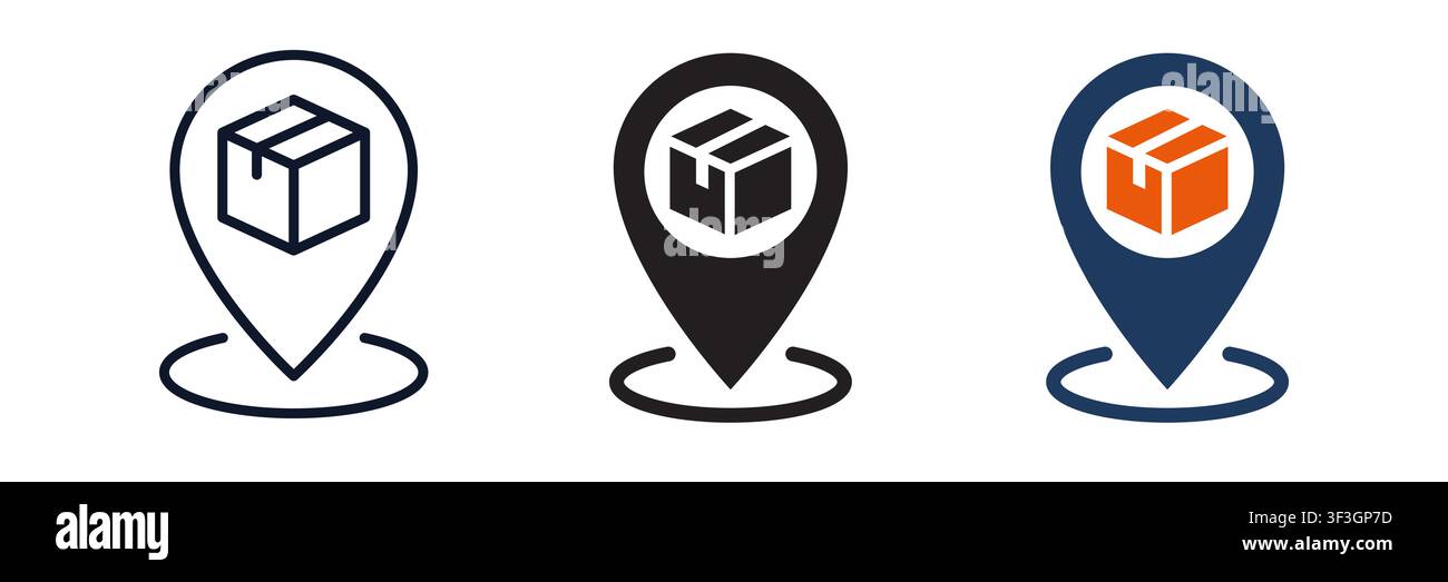 Paketverfolgungs-Pin-Symbolset mit Kartonbox, das den Bestellzustellungsstatus symbolisiert. Frachtstandort-Piktogramm für Logistik-App und Ladenversand Stock Vektor