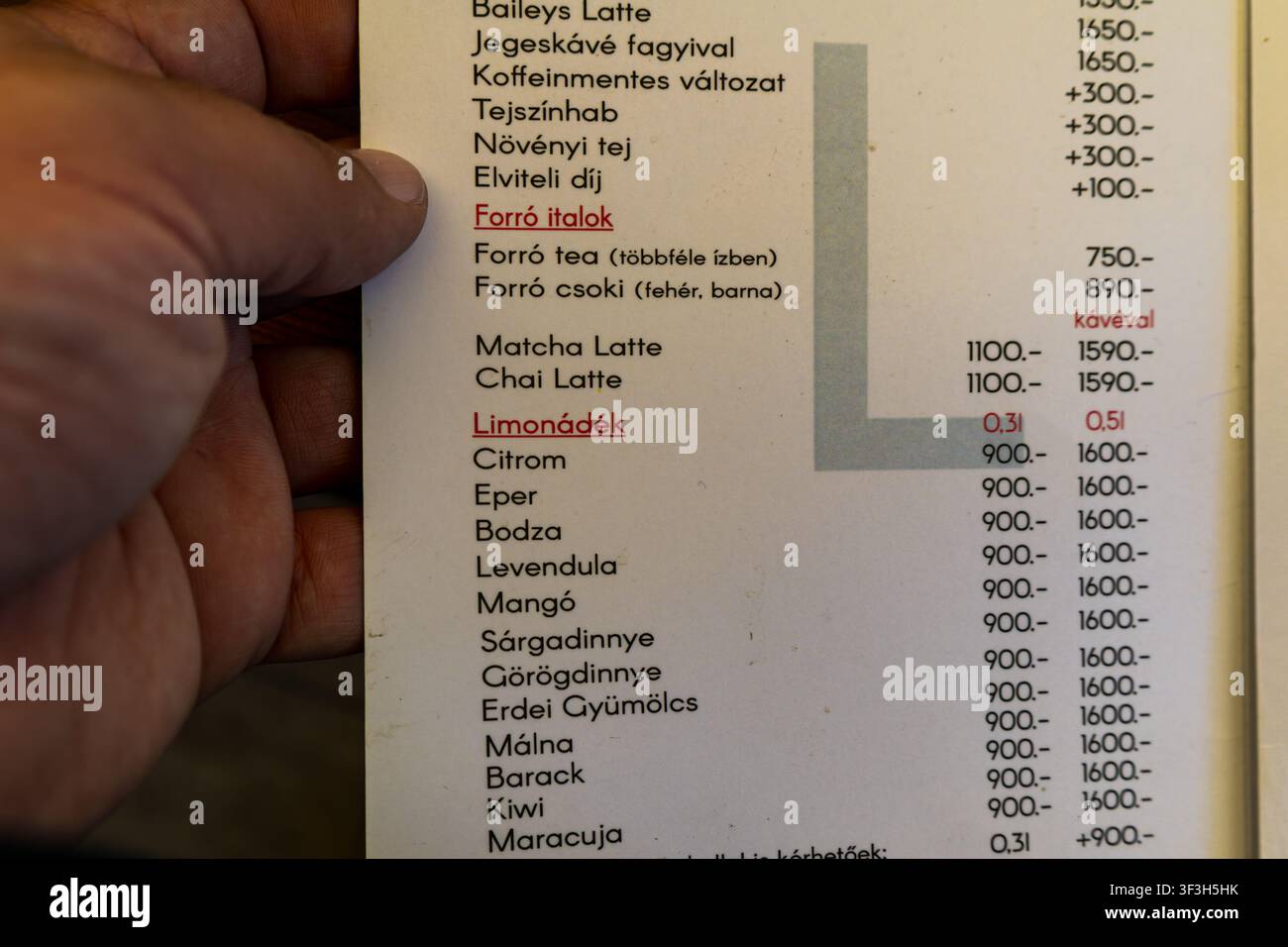 Kafé-Menü mit hausgemachten Limonadenaromen in Ungarn Stockfoto