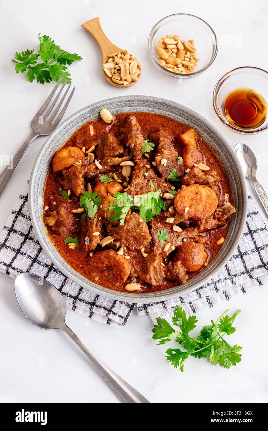 Oberblick auf hausgemachtes thailändisches Lamm-Massaman-Curry Stockfoto