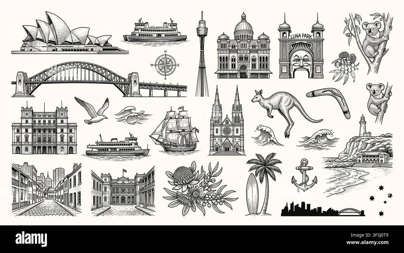 Sydney City Landmarks Silhouette Vektorsammlung. Stock Vektor