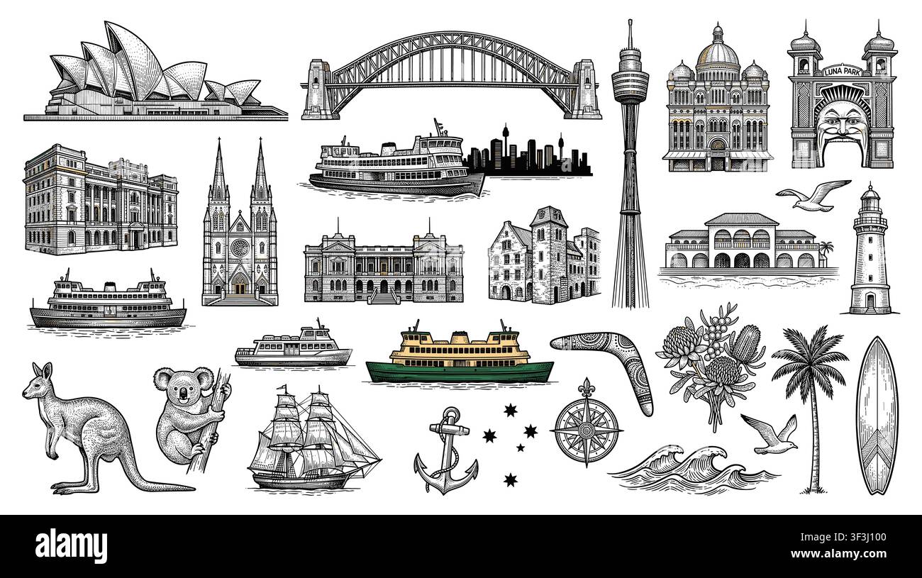 Sydney City Landmarks Silhouette Vektorsammlung. Stock Vektor