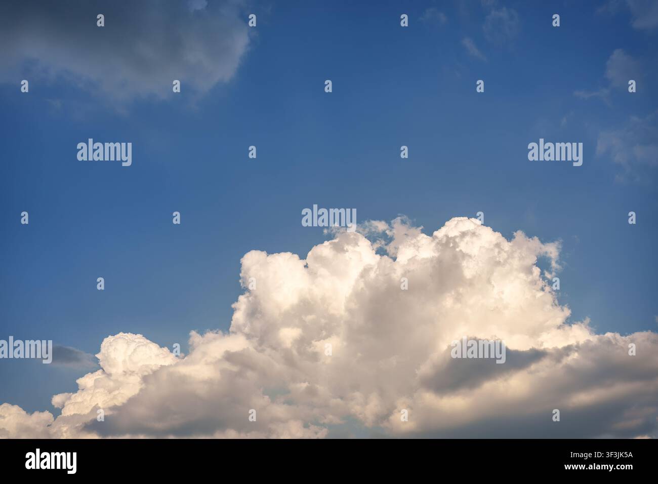 Dramatische weiße Kumuluswolken, die sich gegen den lebendigen tiefblauen Himmel, der im warmen Abendsonnenlicht gebadet ist, aufwärts wölben Stockfoto