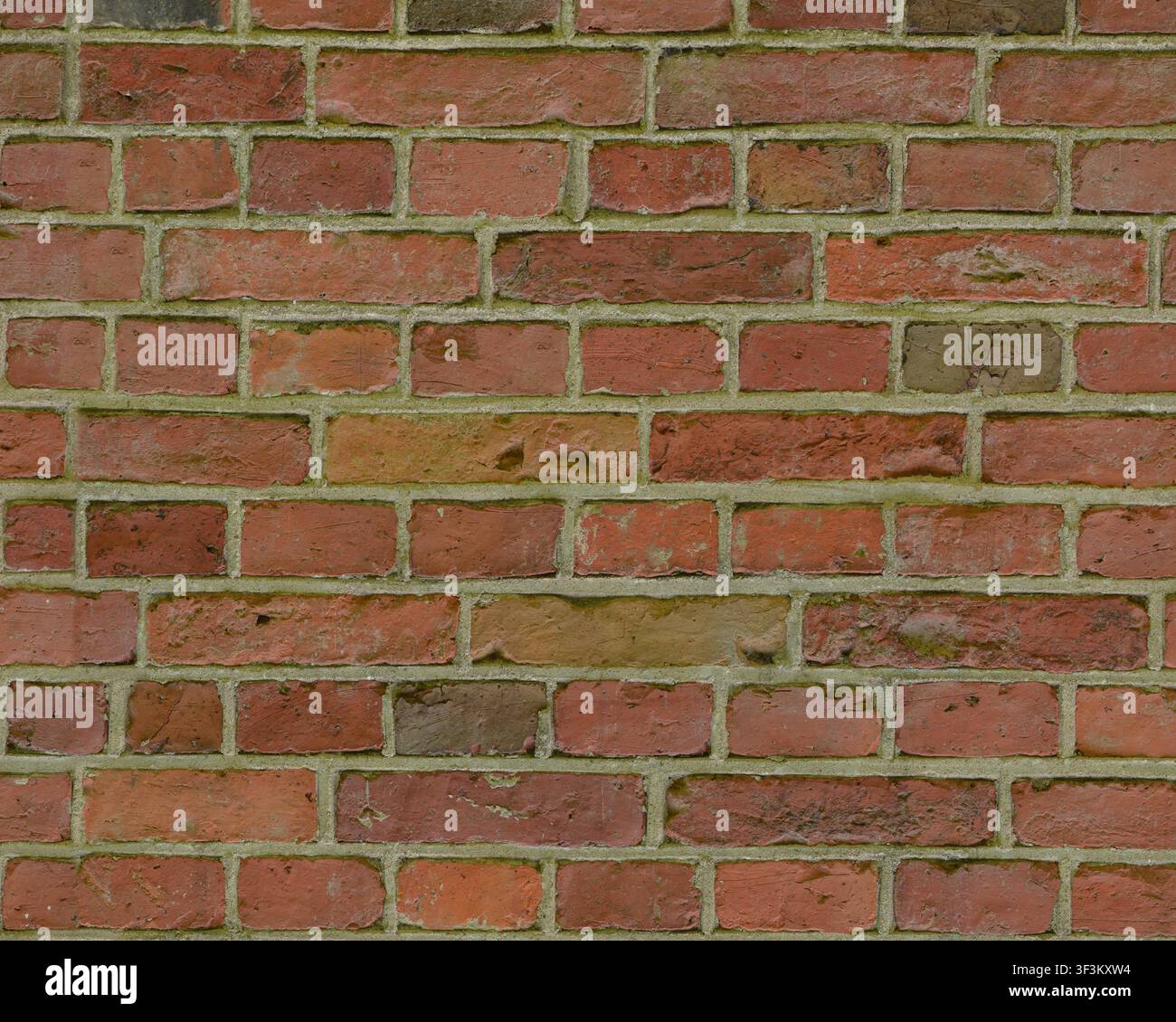 Eine flache, obere Ansicht einer traditionellen roten Lehmziegelmauer mit grauem Mörtel. Stockfoto