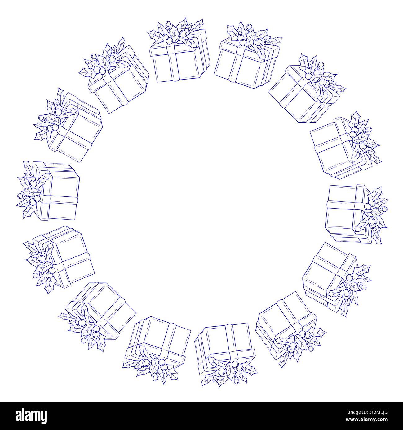 Weihnachts- und Neujahrskranz aus eleganten Geschenkboxen mit Stechpalmenblättern und Beeren. Handgezeichneter runder Feiertagsrahmen Stock Vektor