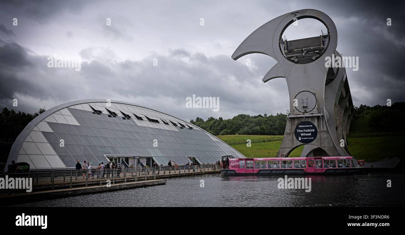 Falkirk-Wheel-Schleusenheber und Besucherboote in Falkirk, Schottland, UK. Stockfoto