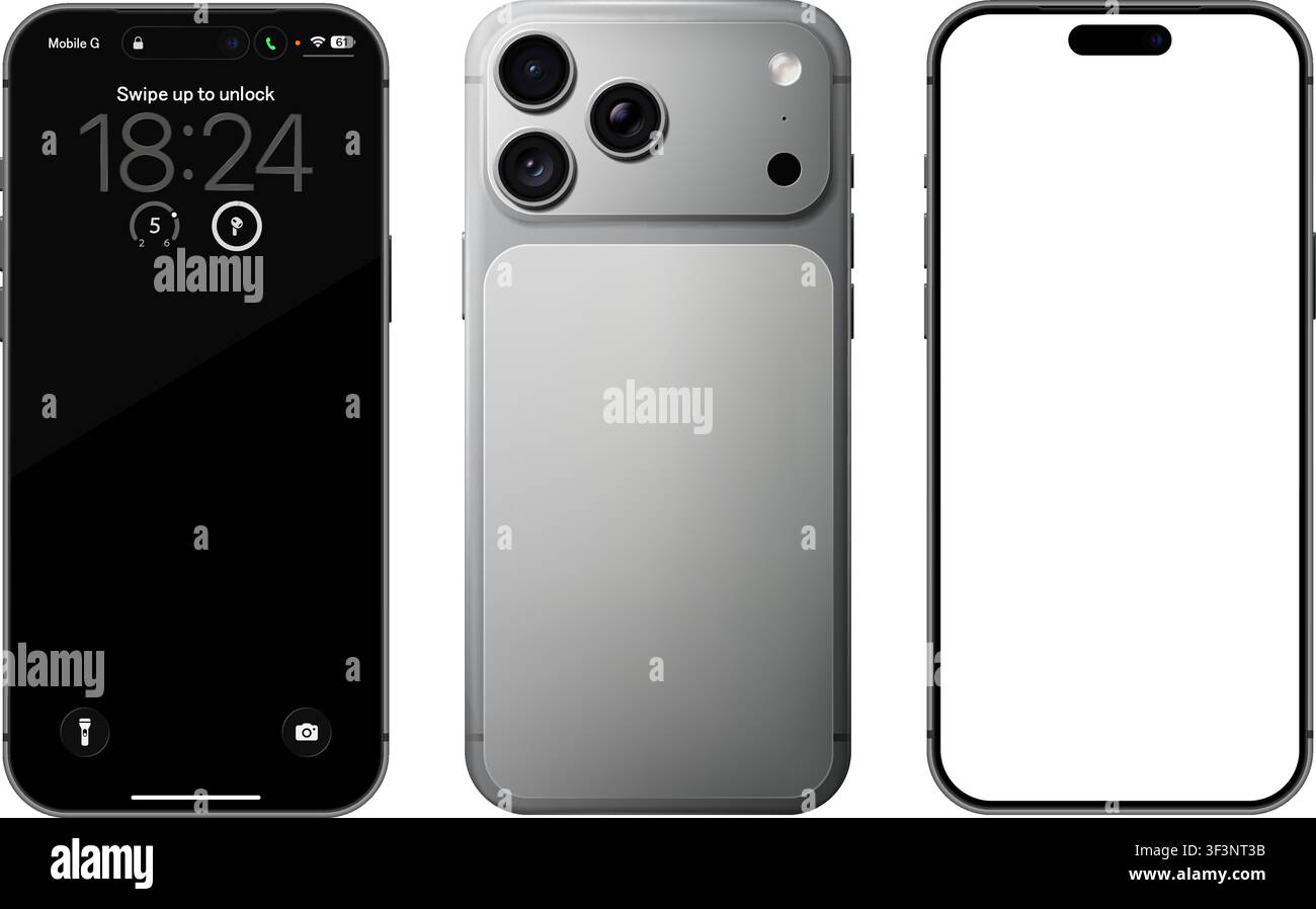 Detailliertes Silber-Mobiltelefon-Modell. Vorder- und Rückansicht isoliert auf transparentem Hintergrund. Vektor-PNG Stock Vektor