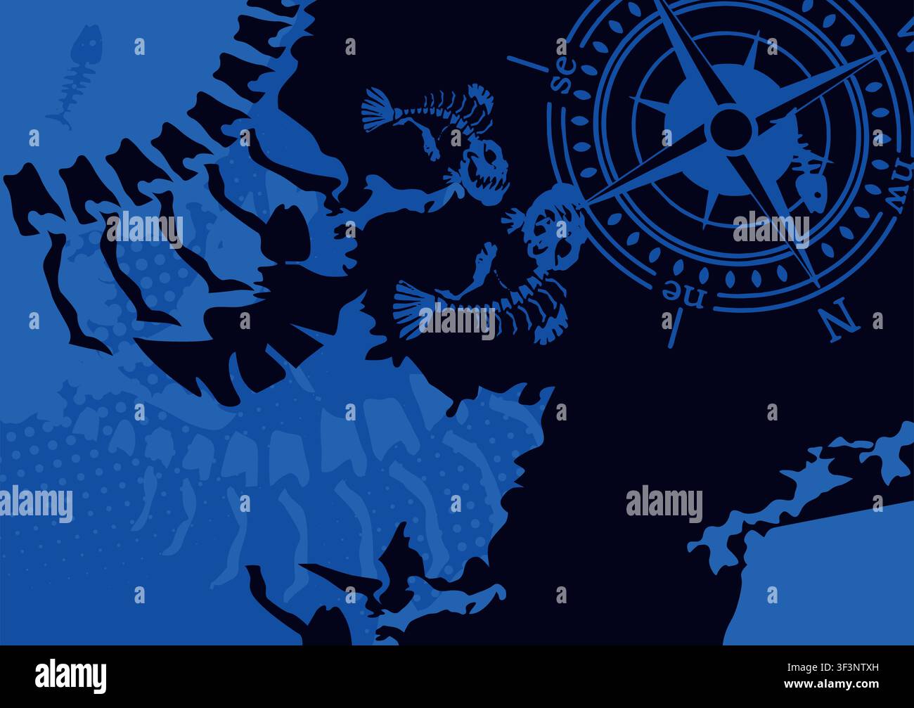 Grunge-Blauer Maritim-Hintergrund mit Kompassrose und Knochenfisch-Elementen Stock Vektor
