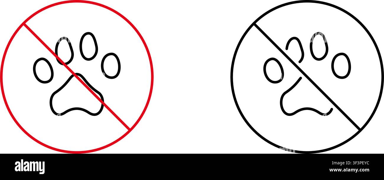 No Pets Allowed Line Icon Set. Haustierbeschränkung, Tierfreie Zone und Keine Tiere erlaubt Umriss-Symbol-Sammlung. Bearbeitbarer Strich. Isolierter Vektor Stock Vektor