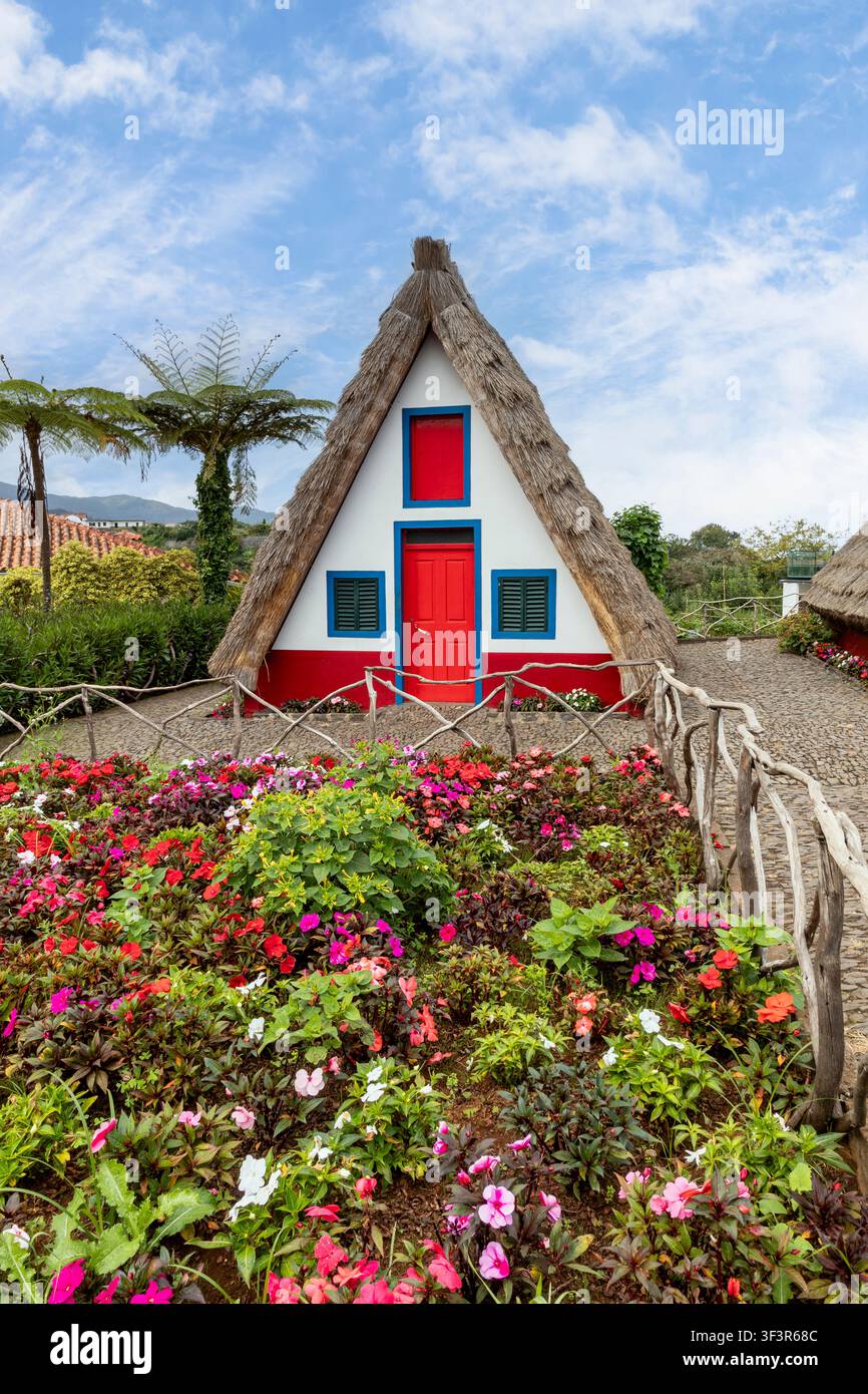 traditionelles farbenfrohes dreieckiges Strohdachhaus und Garten in Santana auf Madeira Stockfoto