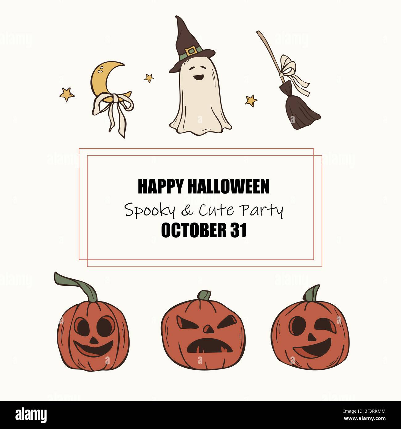 Niedliche Halloween-Party-Einladungskarten-Vorlage mit handgezeichneten Kürbissen und Geister-Vektorillustration Stock Vektor