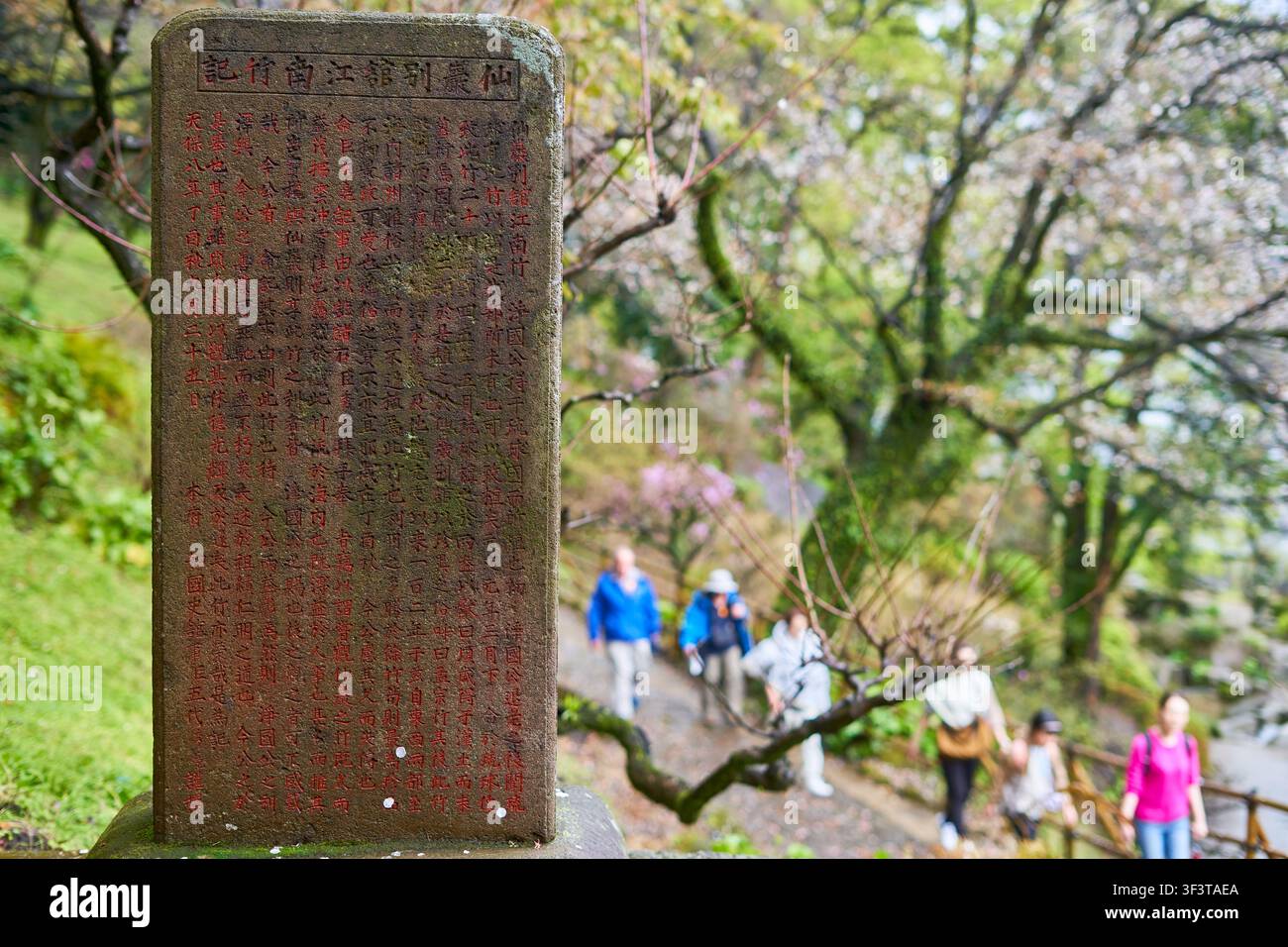 Eine verwitterte Steinstele mit roten japanischen Kanji-Inschriften steht auffällig im Vordergrund einer malerischen Parklandschaft. Das Granitdenkmal Stockfoto