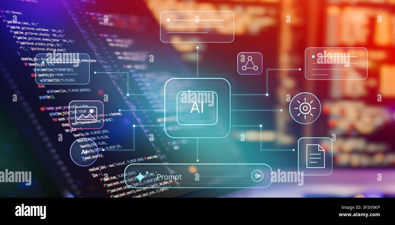 Automatisierte Inhaltsgenerierung und intelligente Suchoberfläche. Holografisches KI-Dashboard mit Eingabezeile und Datenalgorithmusverbindungen. Stockfoto