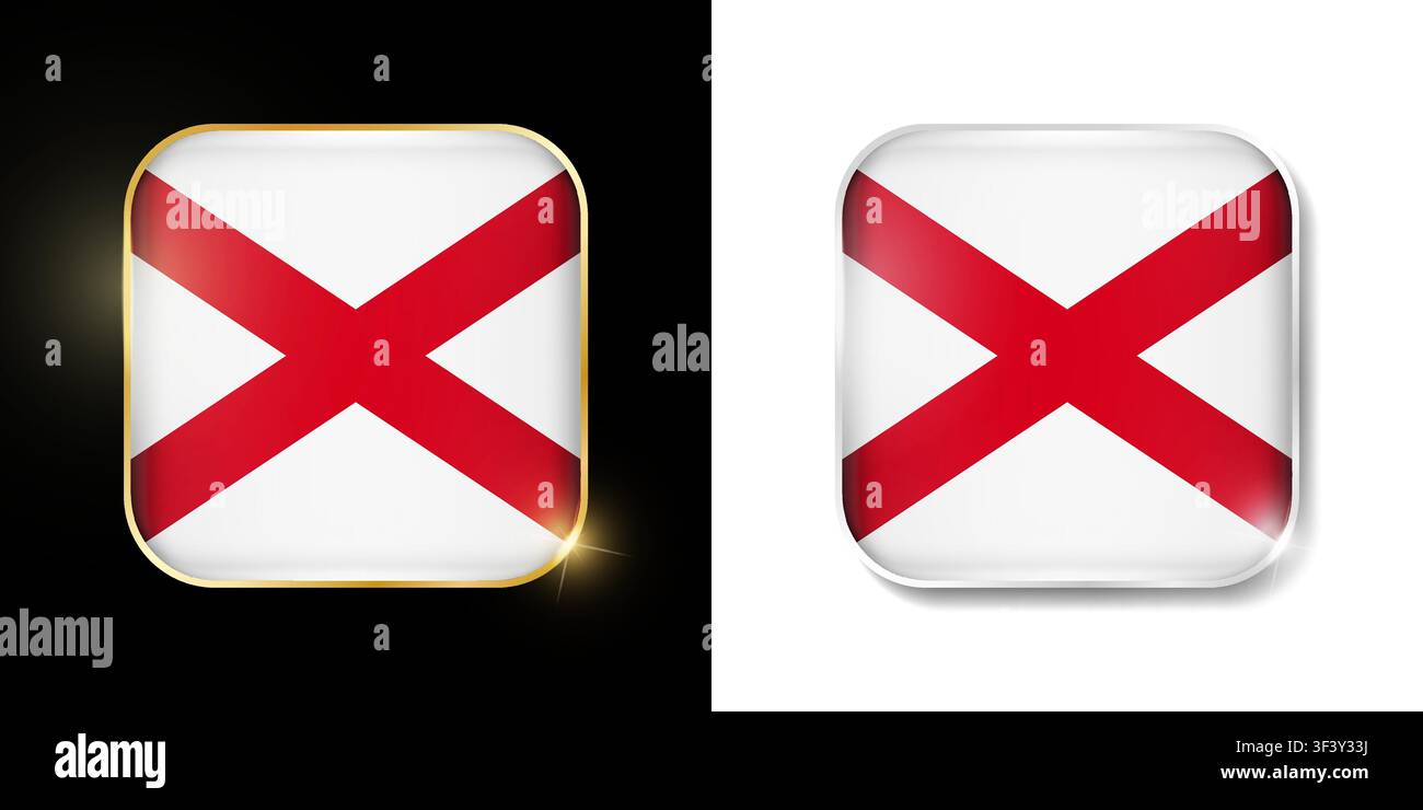 Alabama-Staatsflagge glänzende goldene und silberne Symbole isoliert auf Schwarz und Weiß. USA-Staaten alle Flaggen. Vektor-3D-quadratische abgerundete beleuchtete Schaltflächen mit Stock Vektor