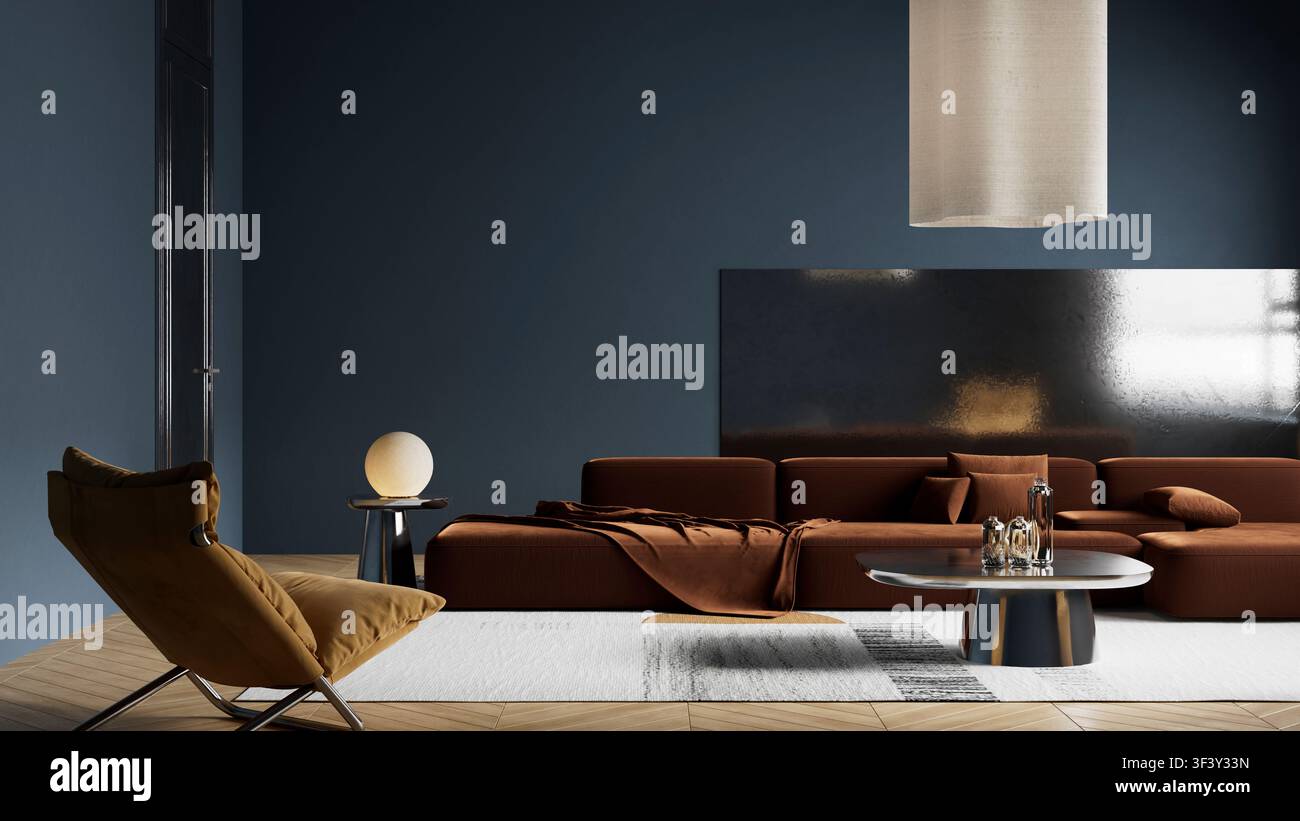 Luxuriöses Wohnzimmer mit zeitgenössischen Möbeln, anspruchsvollem Stil, warmer Beleuchtung und hochwertigem architektonischem Design für gewerbliche Nutzung Stockfoto