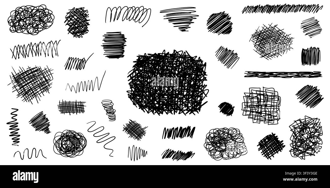 Satz von schwarzen Grunge-Doodle-handgezeichneten Kritzelelementen, Texturen und Kurven, isoliert auf Weiß. Skizzenstil-Tinten-Symbolsammlung. Vektorillustration Stock Vektor