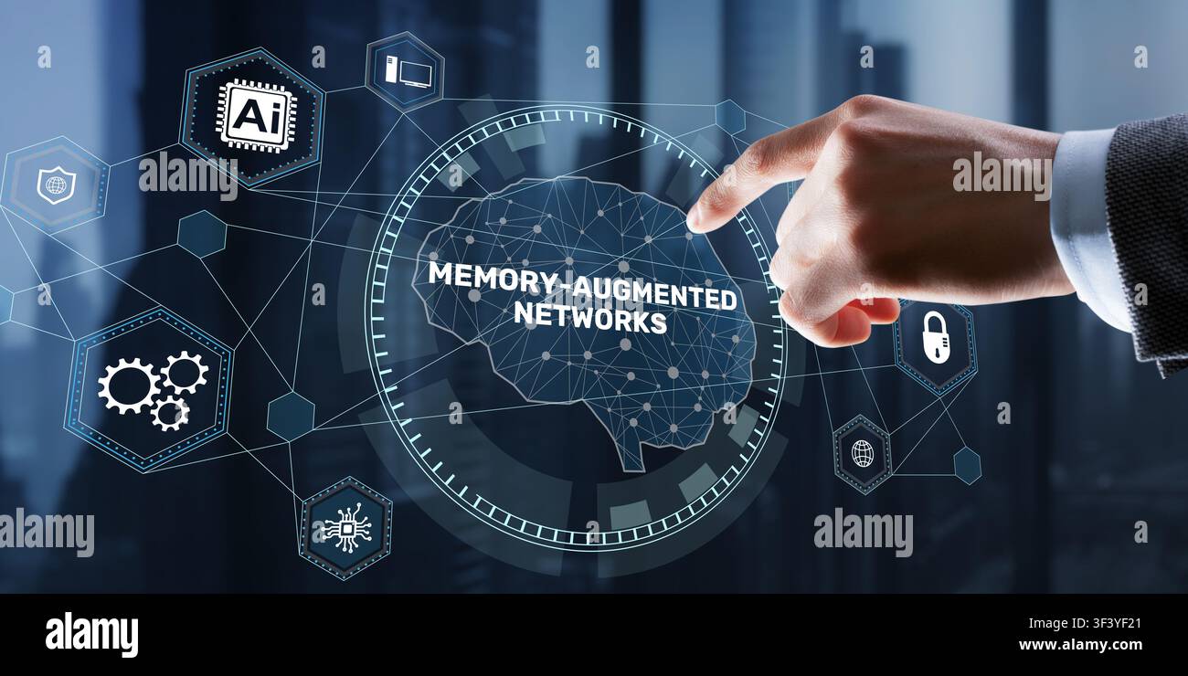 Memory Augmented Networks Künstliche Intelligenz Wissensabrufarchitektur für fortgeschrittene neuronale Lernsysteme. Stockfoto