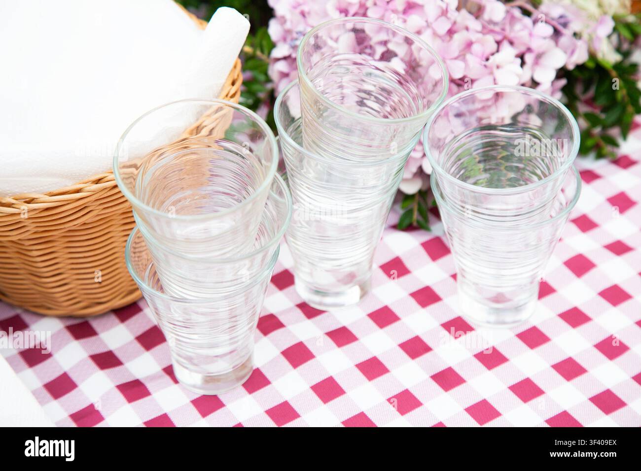 Klare Trinkgläser auf rosa kariertem Picknicktuch neben Weidenkorb, gefalteten weißen Servietten und zarten rosa Blüten im hellen Sommer im Freien Stockfoto