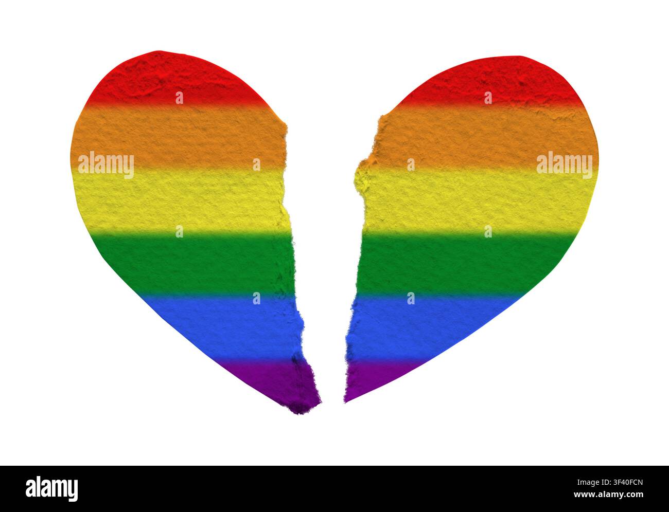 Gebrochenes Regenbogen-Herz-Symbol, das die Herausforderungen in Beziehungen der LGBTQ-Bewegung, Trennung und emotionalen Verlust darstellt. Stockfoto