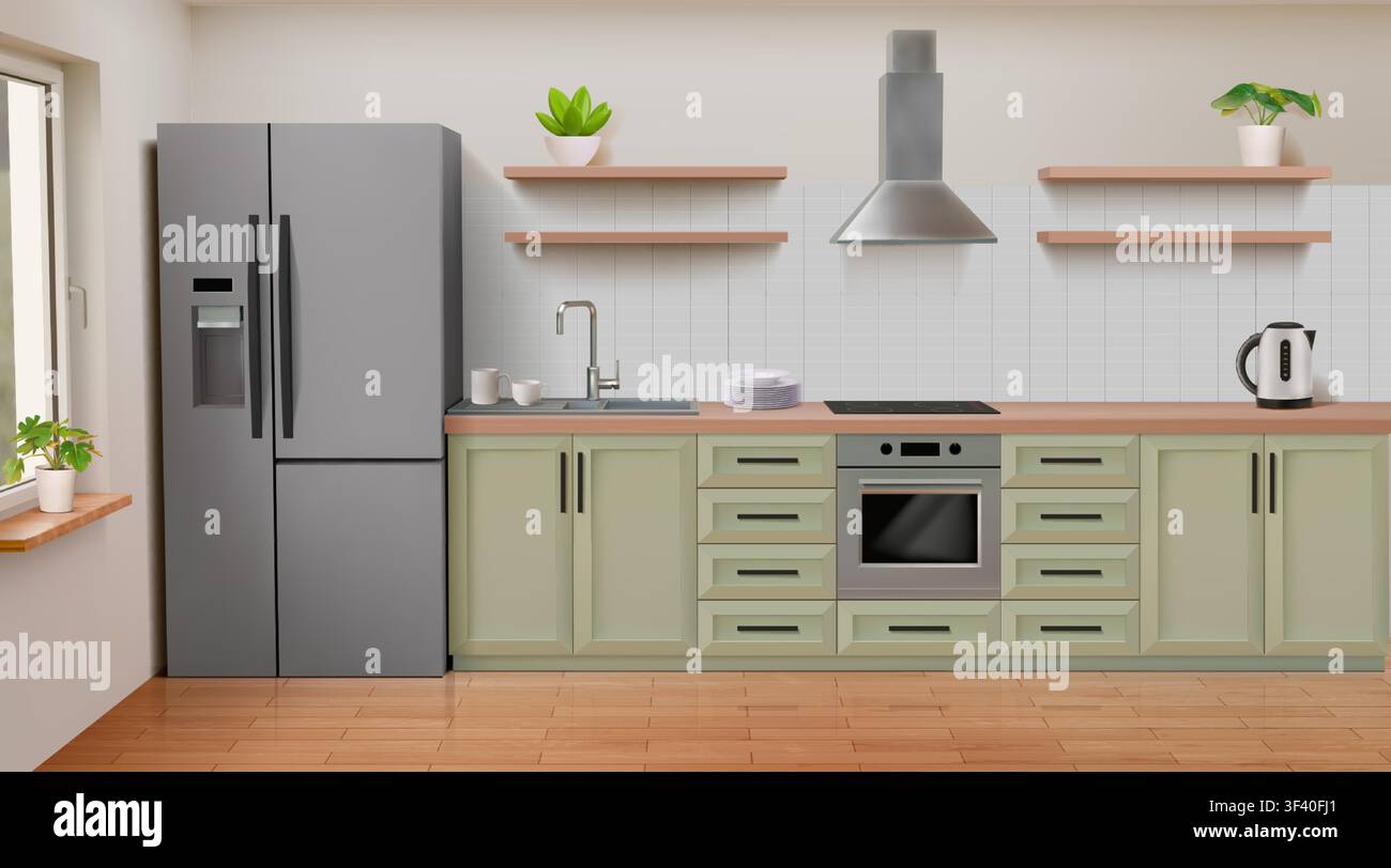 Kücheninterieur. Realistischer moderner Raum mit Theke, Spüle und Gasherd, schlankes Design. 3D weißes Regal, Kühlschrank, Kochplatz, Holzschränke. Vektor-minimale Darstellung von Geräten und Stauraum Stock Vektor
