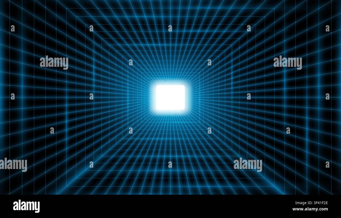 Realistisches gelbes digitales Portal zur virtuellen Realität. Sci-Fi-quadratisches leuchtendes Portal. 3D-Linien-Wurmloch-Tunnel. Vektorillustration Stock Vektor