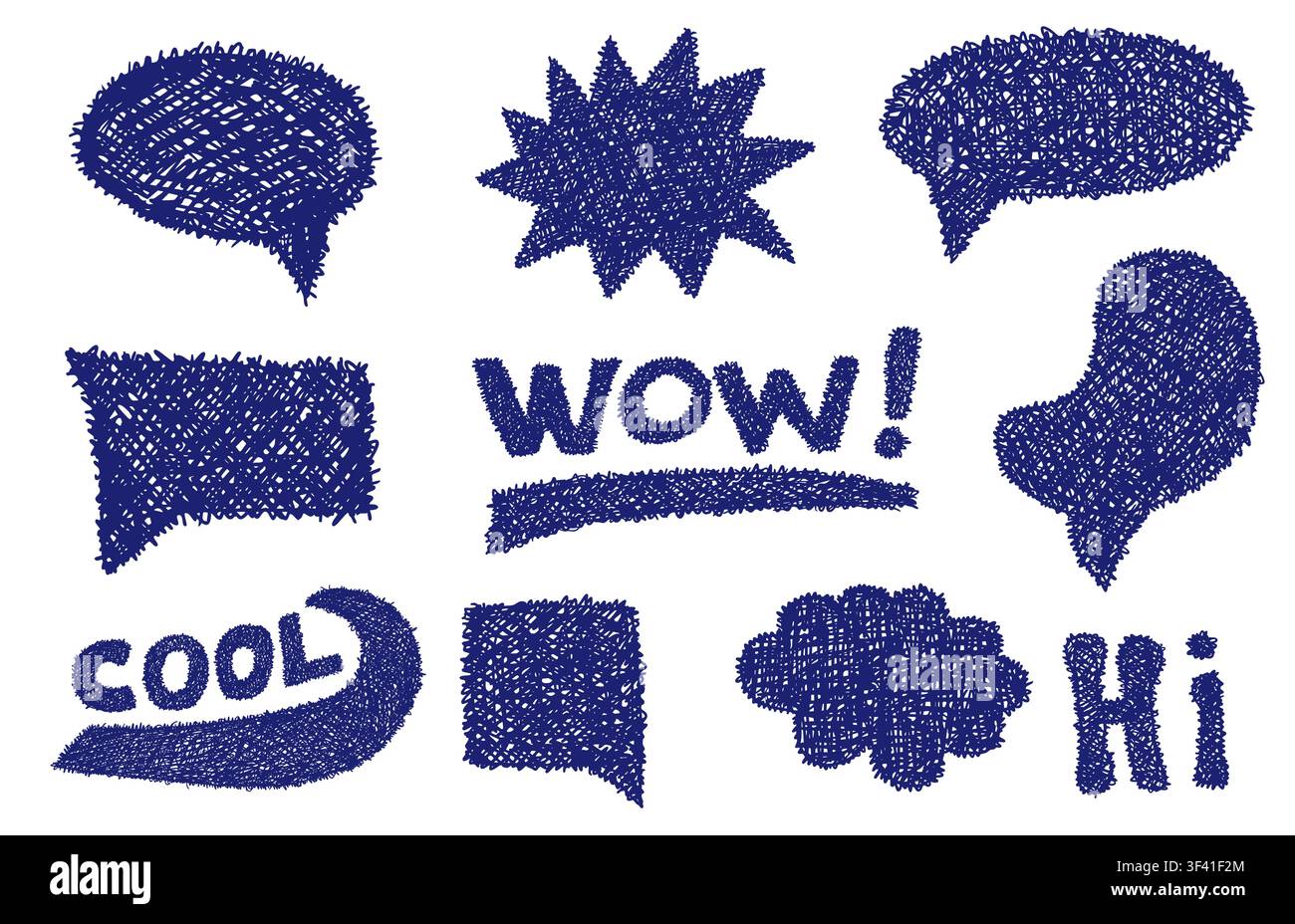 Satz von blauen Grunge-Doodle-handgezeichneten Sprechblasen und Aufklebern, isoliert auf Weiß. Skizzenstil-Tinten-Symbole-Sammlung. Vektorillustration Stock Vektor