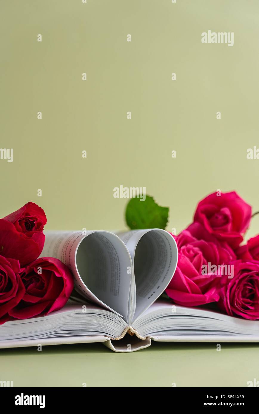 Offenes Buch mit gefalteten Seiten, die eine Herzform bilden, umgeben von frischen roten und rosa Rosen auf einem weichen Pastellhintergrund. Romantische Blumenkomposition mit Platz für Text, geeignet für Liebesleseunterricht, Grußkarten zum Valentinstag, Hochzeitsaktionen, Jubiläumsveröffentlichungen, Alphabetisierungs Kampagnen und inspirierende Designs Stockfoto