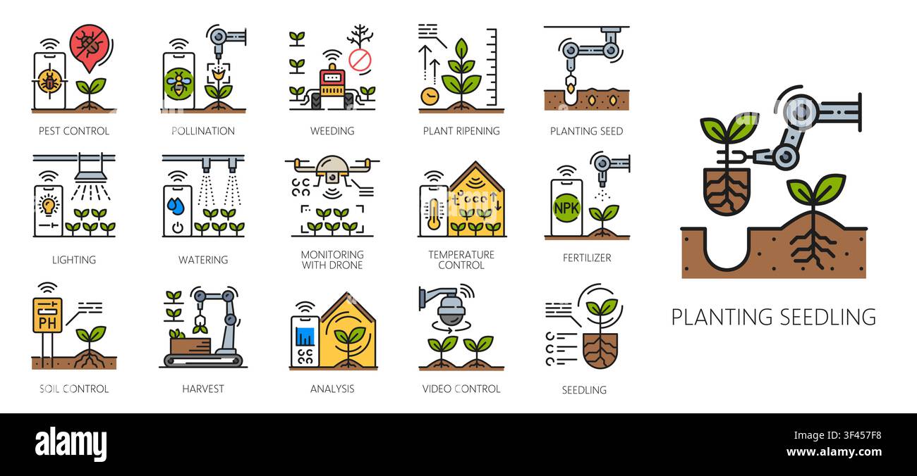 Roboter-Smart-Farming-Farbikonen, Agrartechnologie, Nahrung und Agronomie. Vektor-Feld, Landwirt, Feldfrüchte, Traktor und Drohnen-Umrisszeichen. Smart-Farm-Roboter, Bewässerung und Ernte Stock Vektor