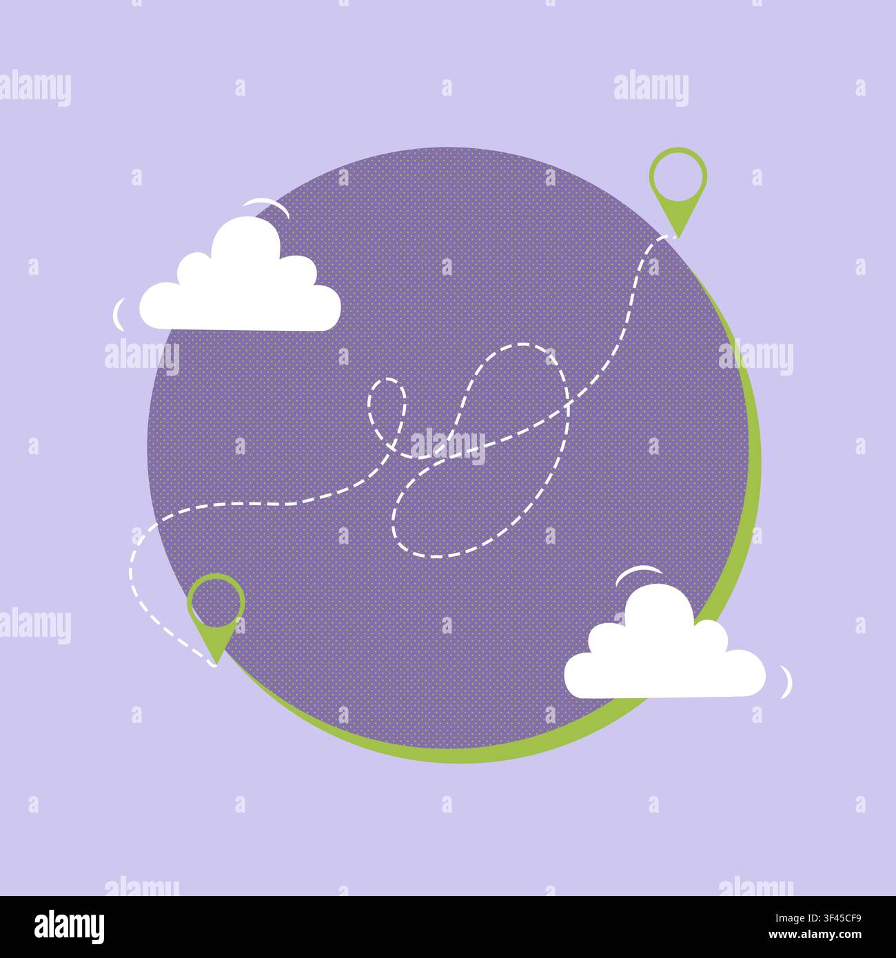 Reise durch eine Karte mit gepunkteten Linien und Markierungen, die Reiseziele und Wolken in einem einfachen Design zeigen Stockfoto