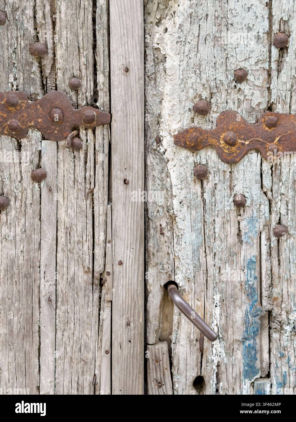 Verwitterte Tür, Nahaufnahme einer rissigen abgenutzten Holztür mit tiefen Rissen, Metallscharnieren und Nägeln Stockfoto