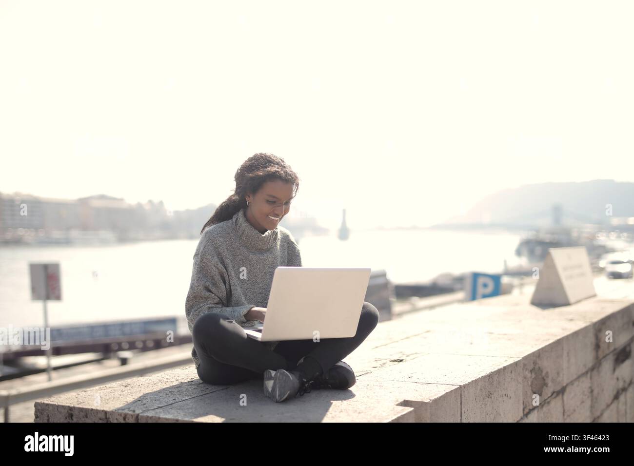 Glückliche Frau arbeitet im Freien remote am Laptop Stockfoto