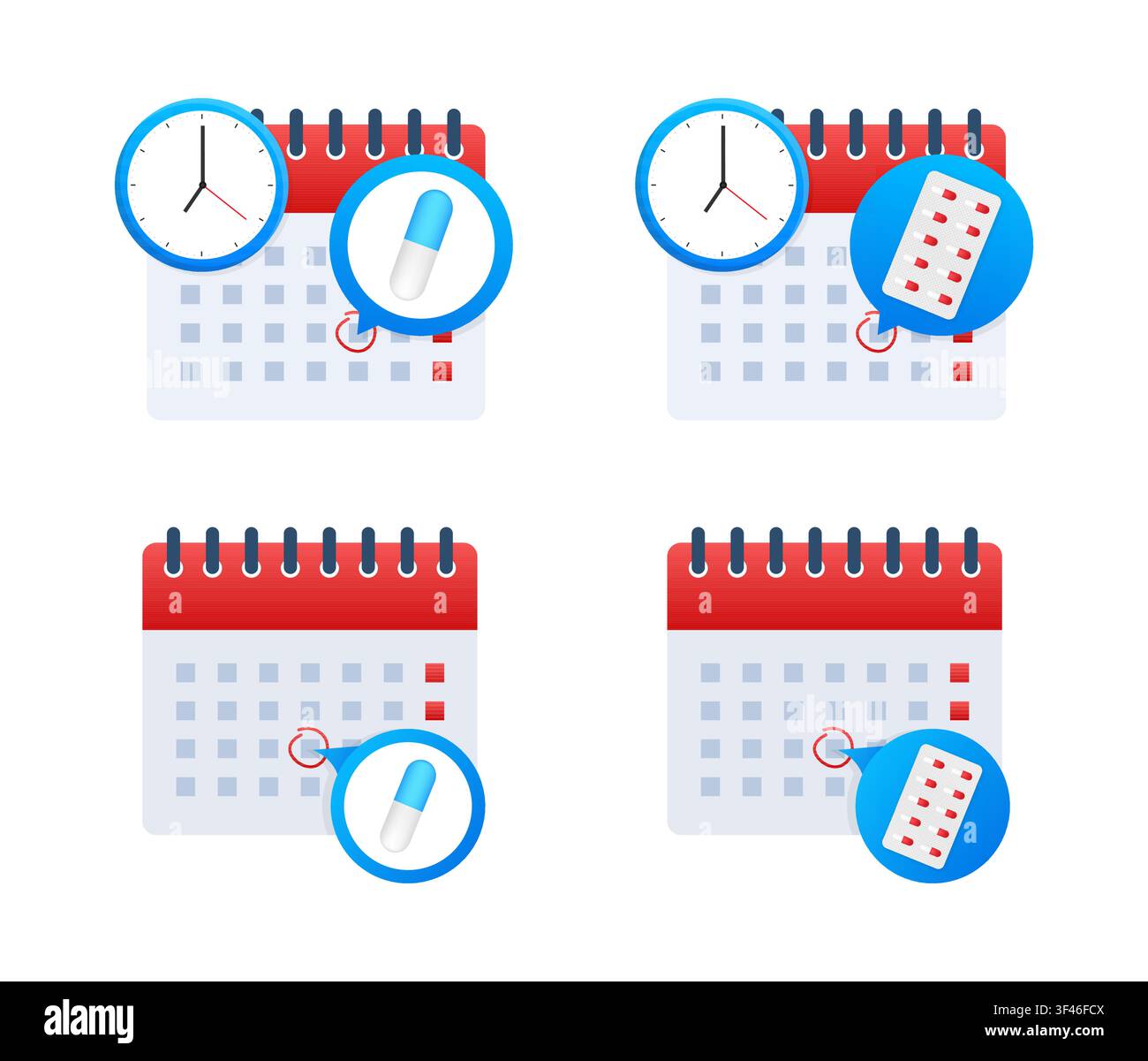 Medikamentenplaner-Erinnerung am Kalender mit Uhrbenachrichtigung Stock Vektor