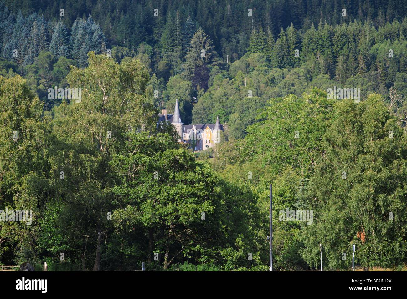 HPB Tigh Mor-Ferienresort teilweise im Wald versteckt, gesehen von den Ufern des Loch Achray in den Trossachs, Stirling, Schottland, UK. Stockfoto
