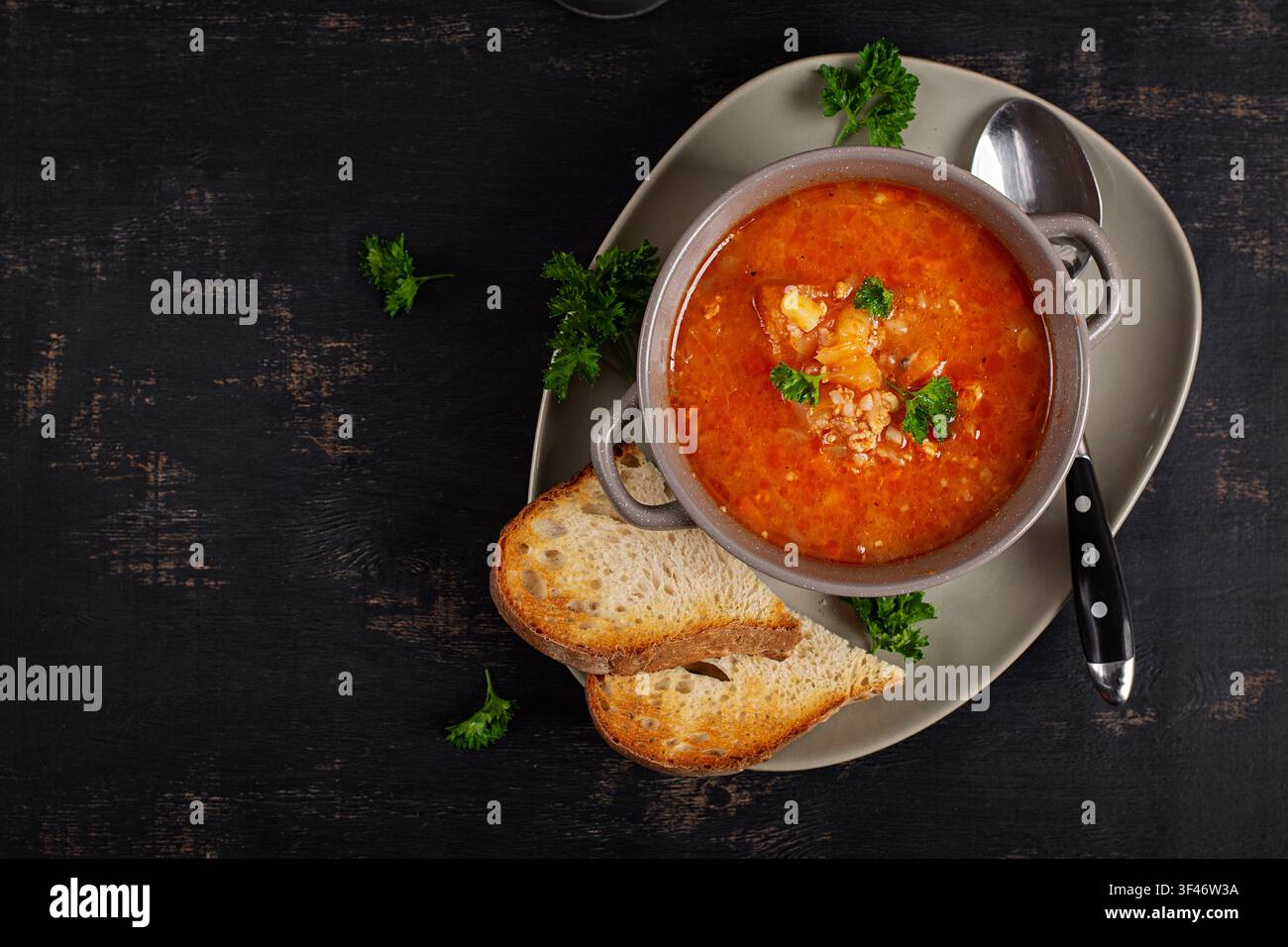Hausgemachte Kohlsuppe mit Hackfleisch und rustikalem Brot. Tschechische Suppe. Oberansicht. Stockfoto