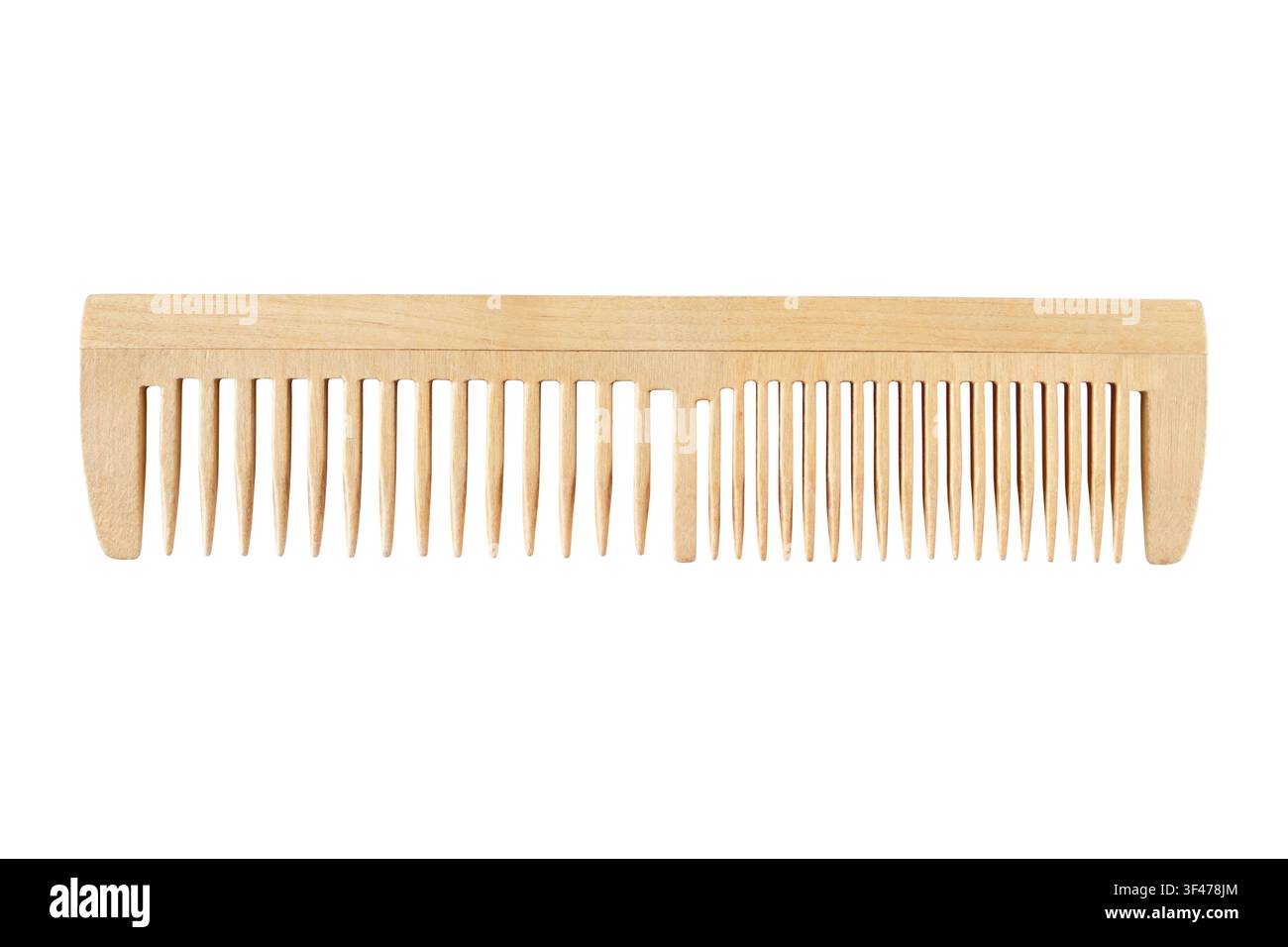 Leichter Lärchenholz-Haarkamm isoliert auf weißem Hintergrund. Minimales natürliches Pflegeaccessoire für Haarpflege, Schönheit, Öko-Lebensstil und Produkt-Mockup Stockfoto