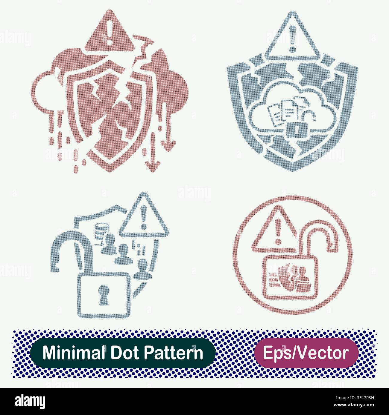Minimaler Punktmuster-Wolken-Sicherheitsverletzung, geknackter Schild-Warnung, Datenexpositions-Warnung und entsperrter Schloss-Cyber-Bedrohungs-Vektor-Symbol-Set Stock Vektor
