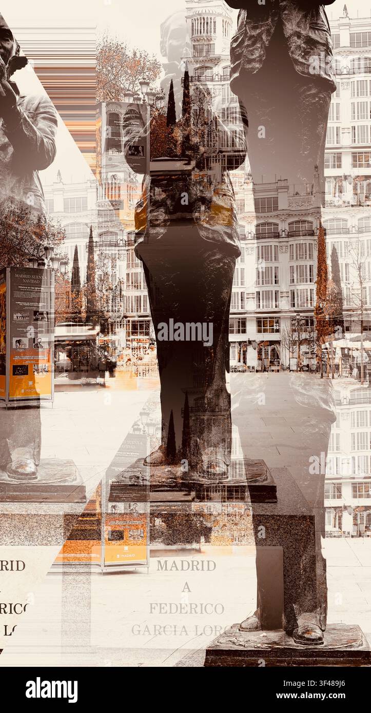 Doppelbelichtung der Statue des spanischen Dichters und Dramatiker Federico Garcia Lorca am Plaza Santa Ana, Madrid, Spanien Stockfoto