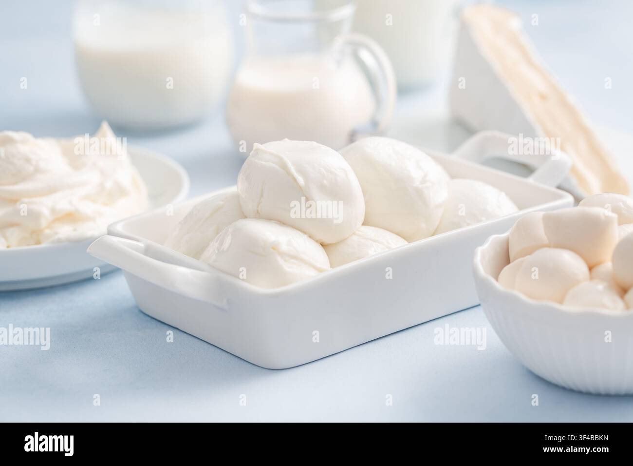 Leckere Milchprodukte auf einem hellblauen Hintergrund arrangiert für kulinarische Inspiration Stockfoto