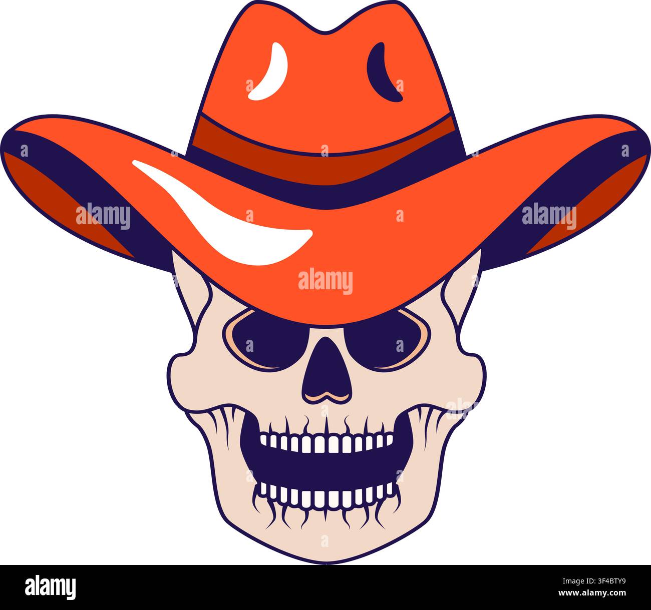 Verdorrter lachender Schädel mit breitkrempigem Cowboyhut auf dem Kopf. Zombie mit Kopfschmuck für Design einer Cartoon-Illustration. Skelett-Schädel-Cartoon Stock Vektor