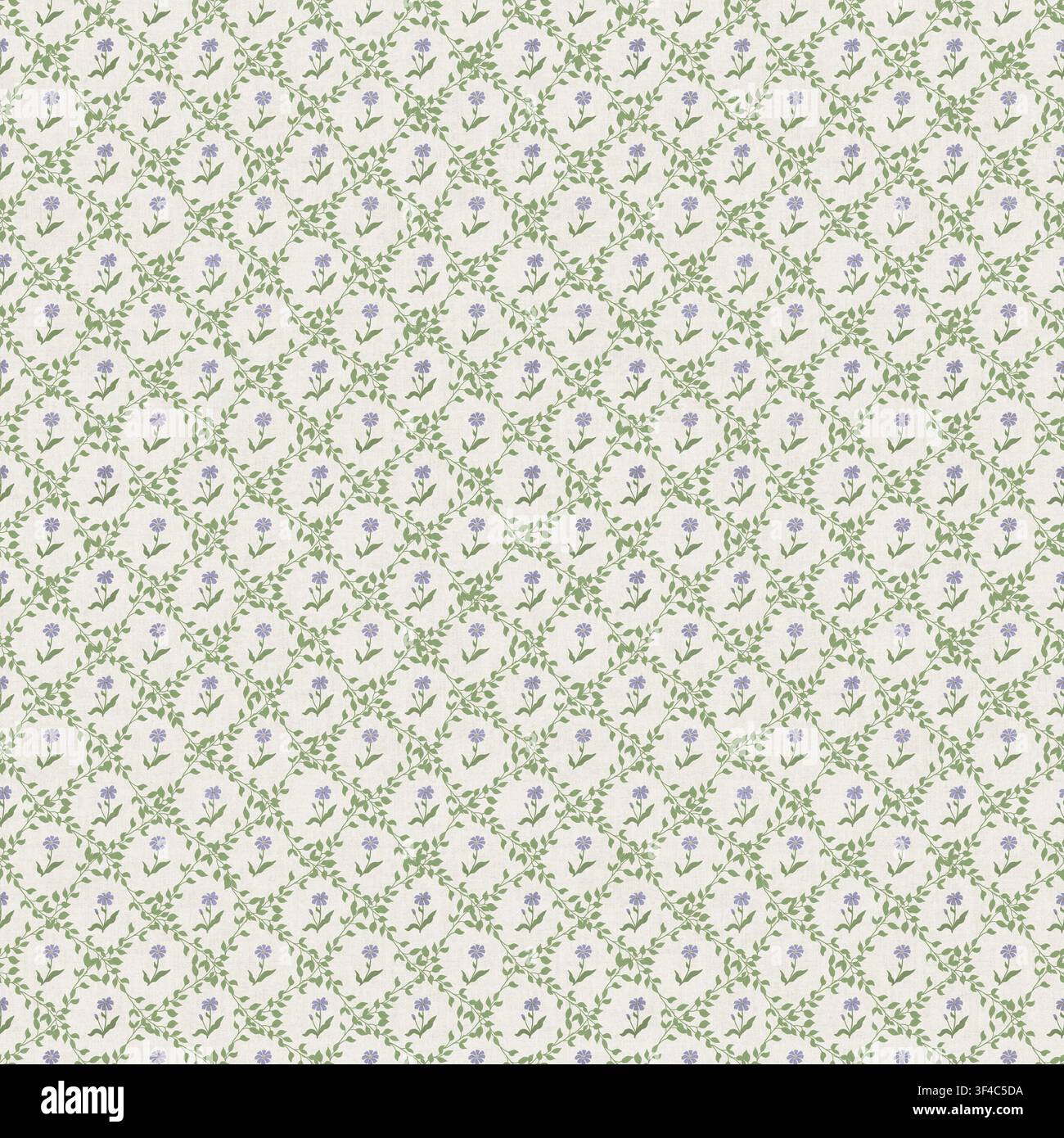 Grüne Rebstöcke mit lilafarbenen Miniaturblüten auf reinweißem Hintergrund. Zartes, nahtloses Muster. Aquarellabbildung. Für Hintergrundbilder, t Stockfoto